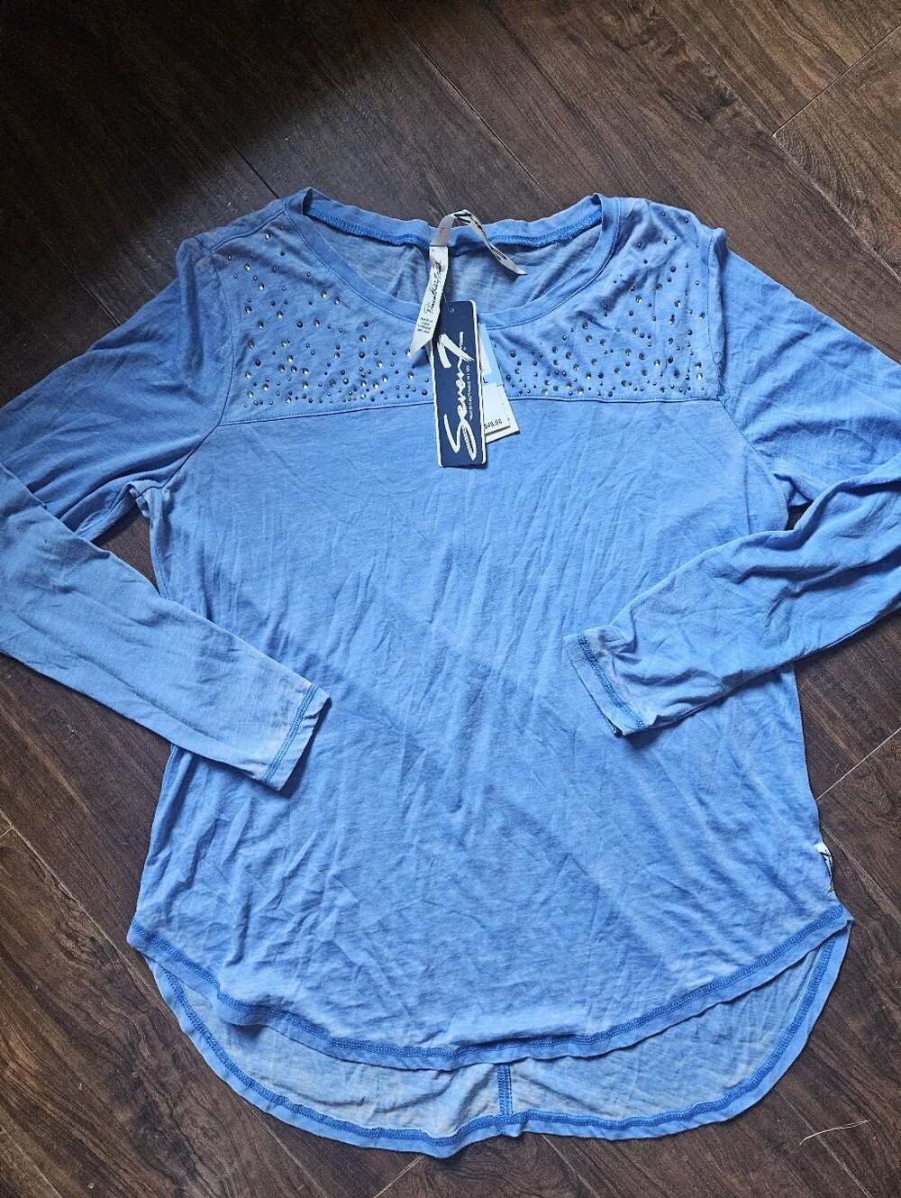 Nwt Womens Seven7 Shirt Sz Large Blue, LS, Thin, Rhinestones Bling   #E
